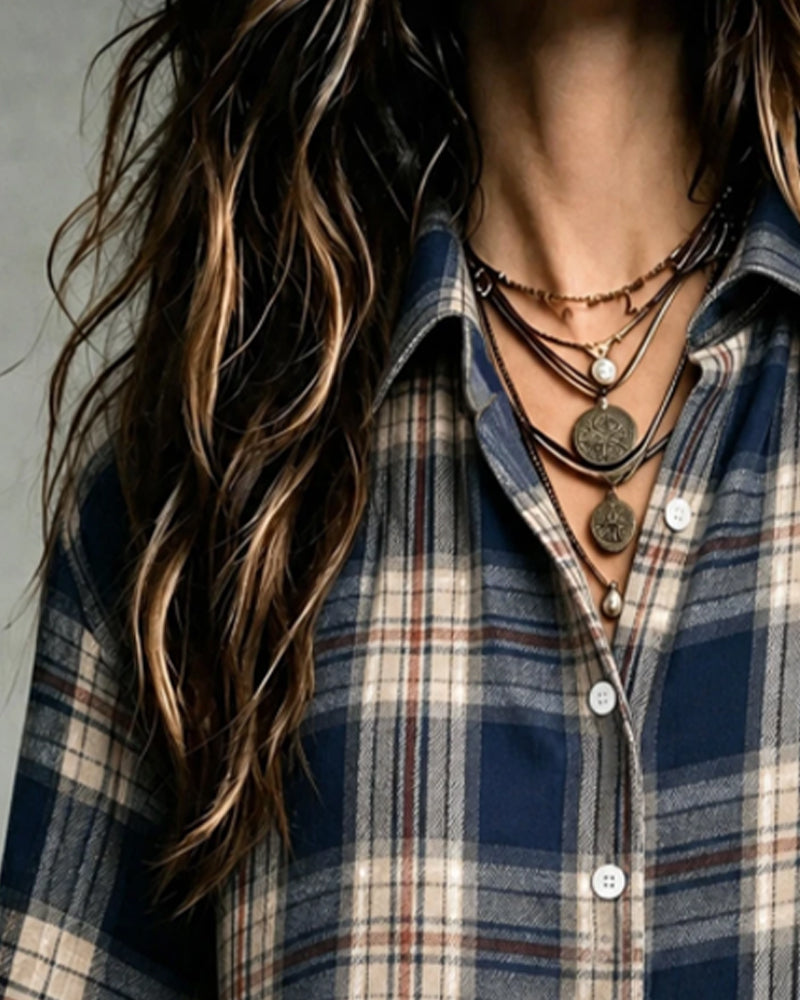 Collared Plaid Long-Sleeve Blouse