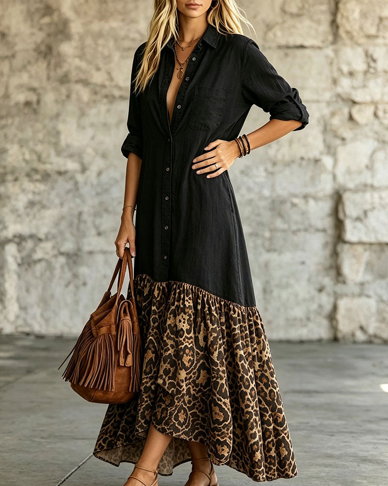 Lapel Buttoned Leopard Print Dress