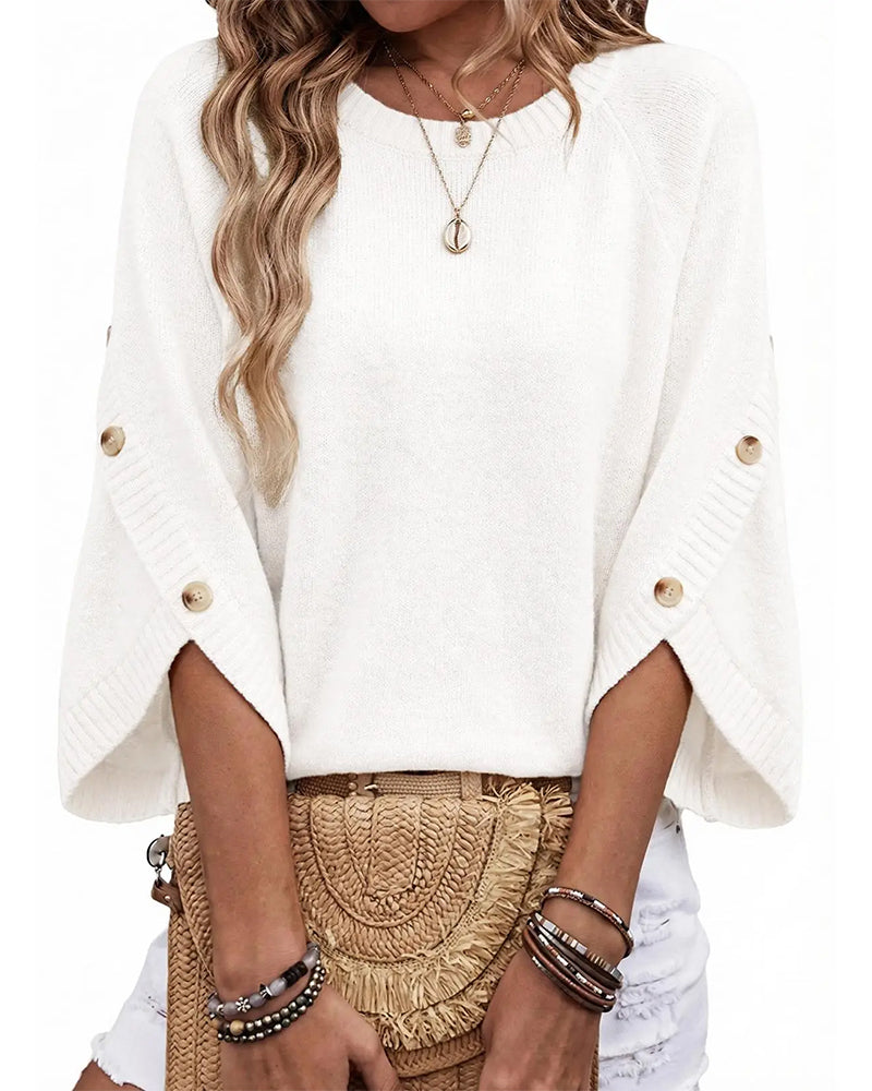 Crew Neck Button-Up Bell Sleeve Pullover