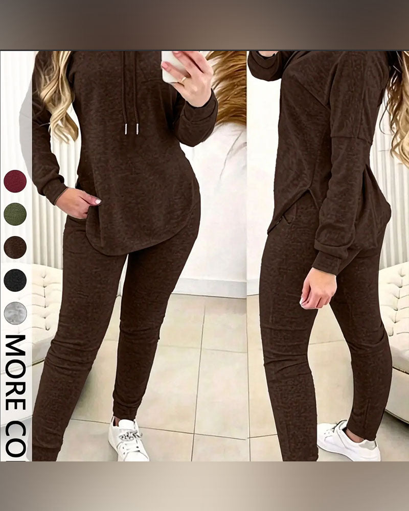 Hooded Curved Hem Casual Two-Piece Sets