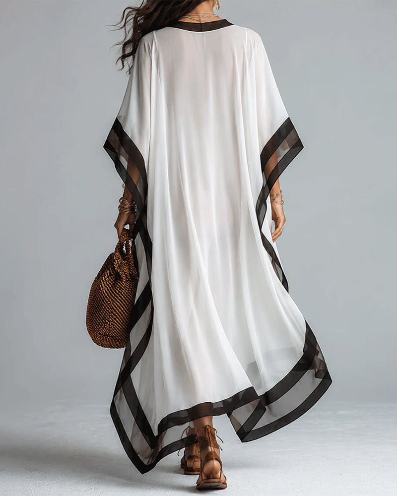 Deep V Batwing Sleeve Color Block Irregular Long Dress
