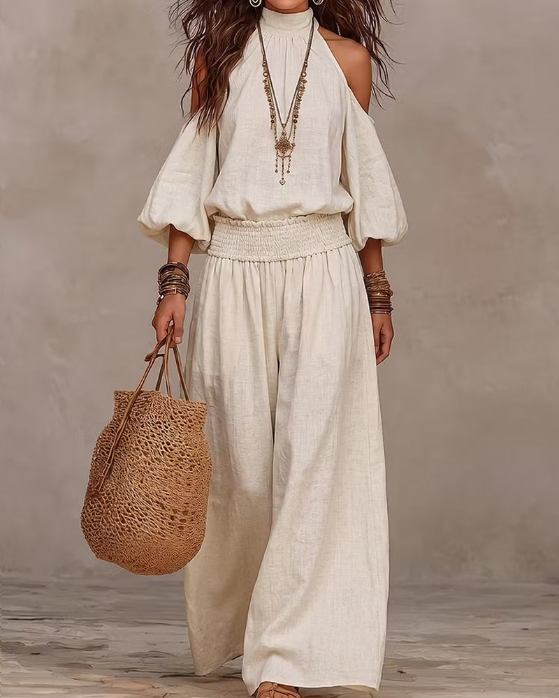 Off-Shoulder Long Sleeve Shirred Pants Set