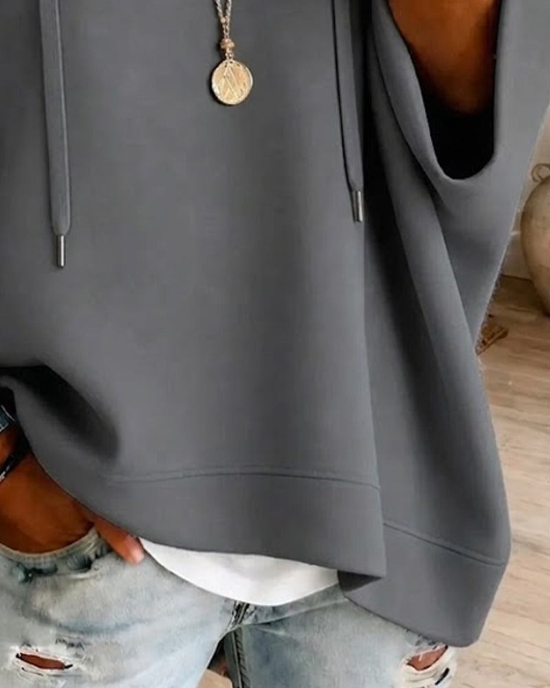 Three-Quarter Sleeve Drawstring Hooded Sweatshirt