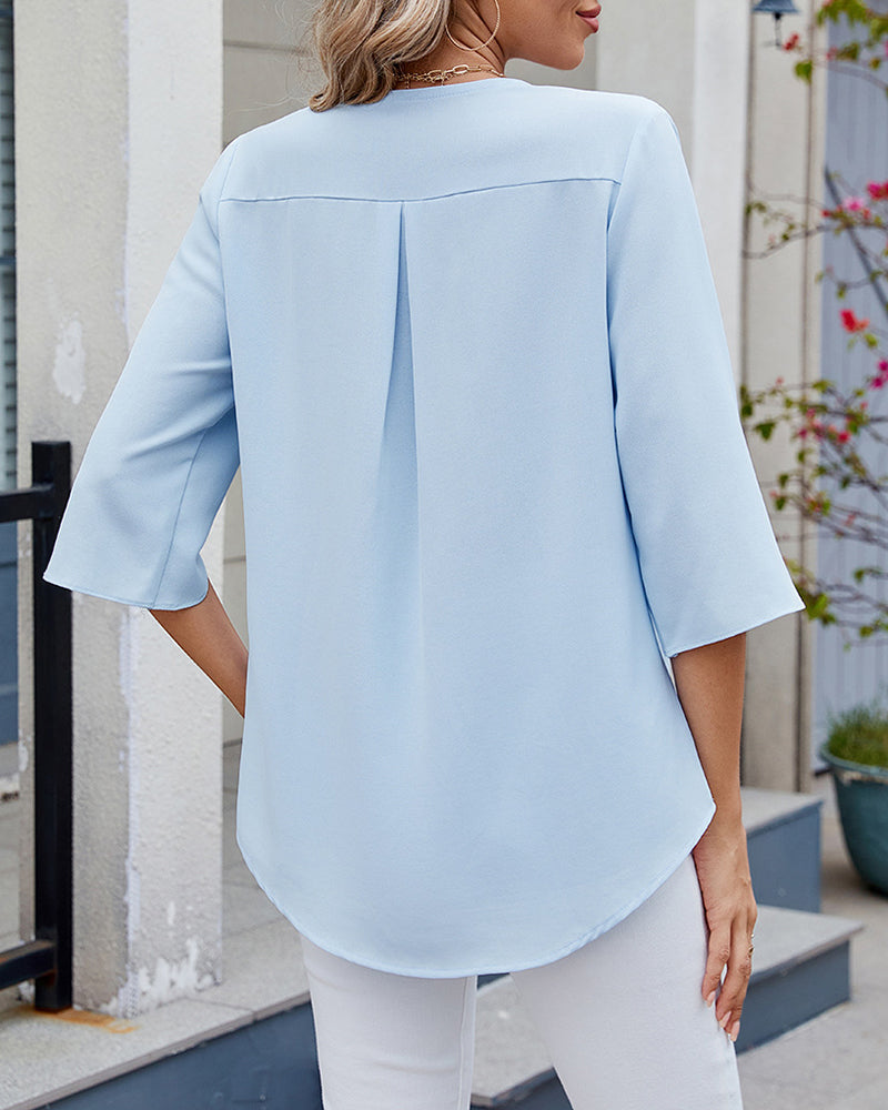 Half-Sleeved Ruffled Solid Color Casual Blouse