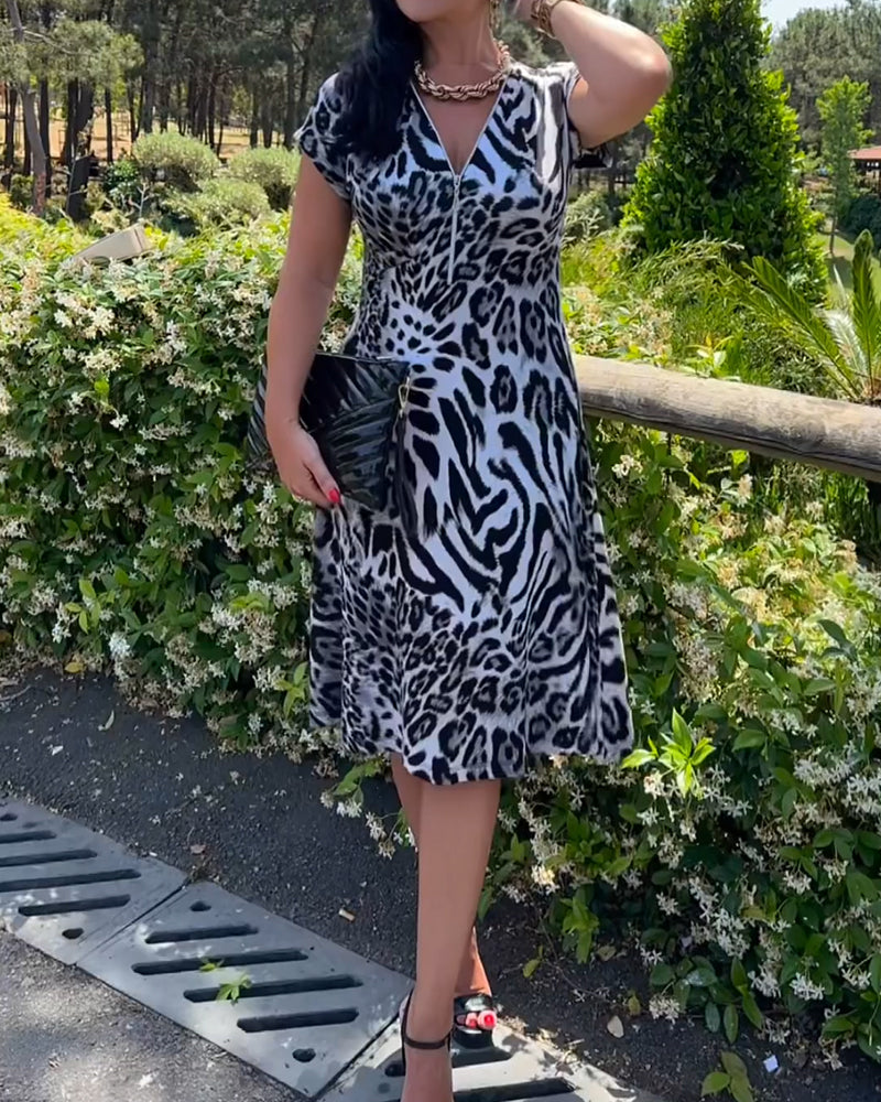 V-Neck Zip-Up Leopard Print Dress