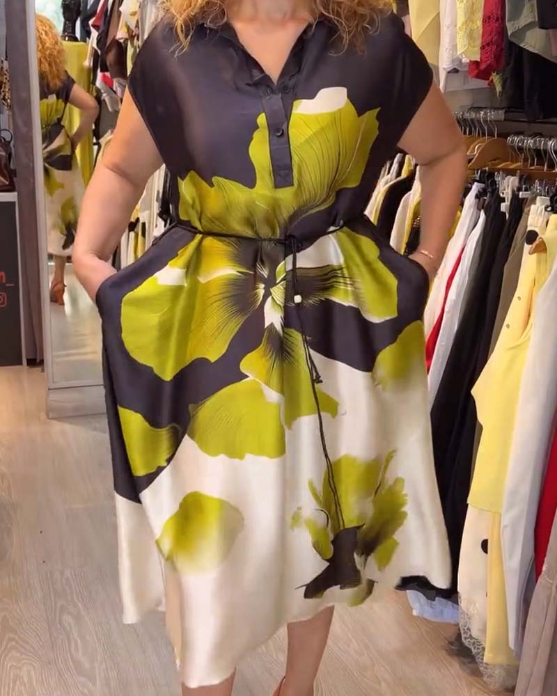 Lapel V-Neck Floral Loose Dress