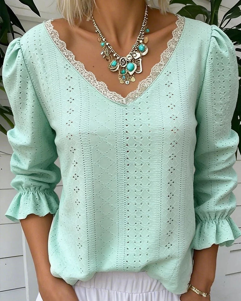 Elegant V-Neck Lace Cut-Out T-Shirt