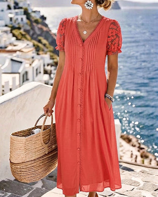 V-Neck Lace-Trimmed Puff Sleeve Dress