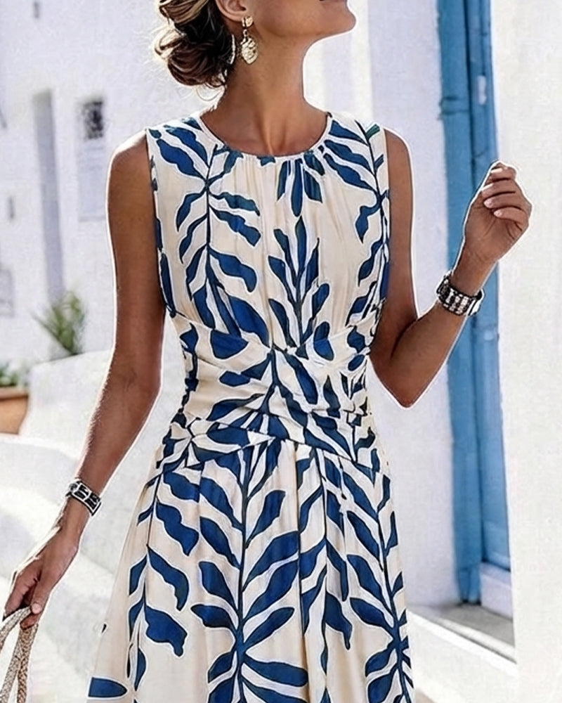 Green Leaves Waist-Cinching Sleeveless Dress