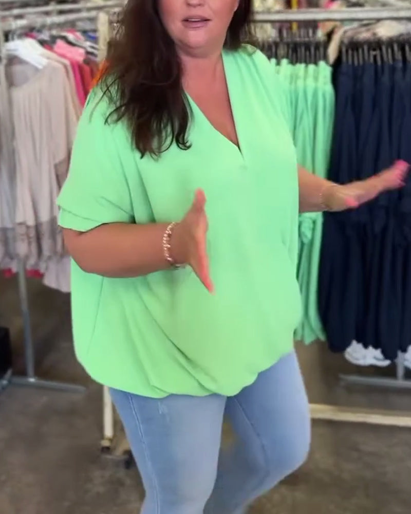 V-neck ruffle trim solid color casual blouse