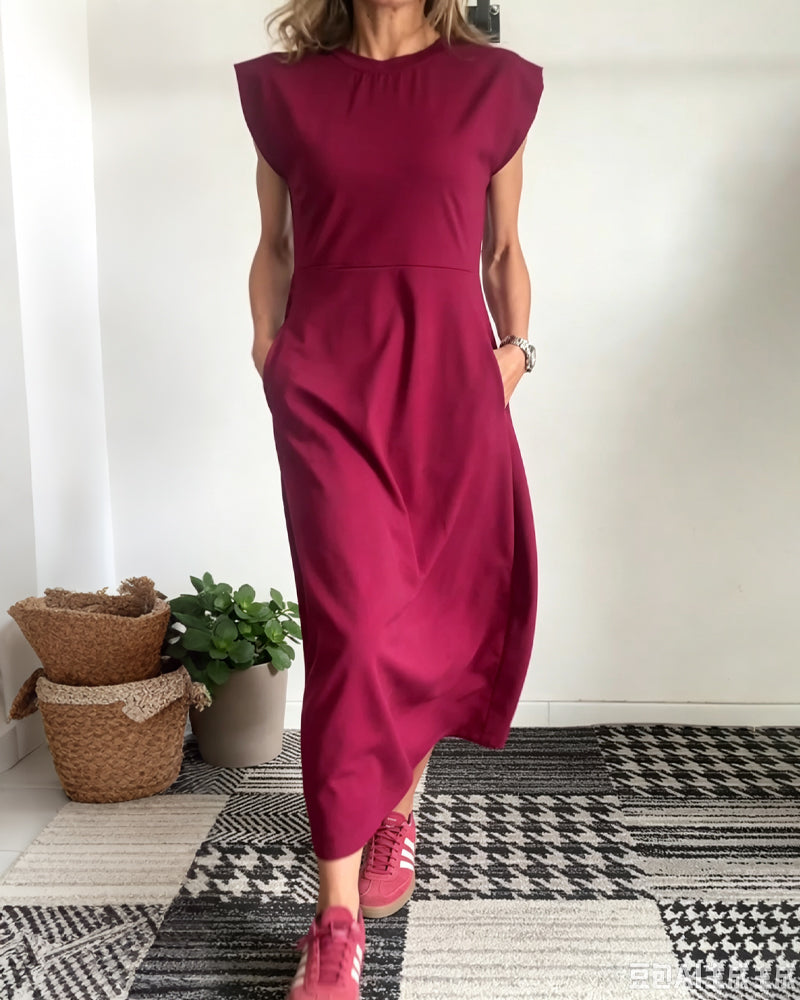 Crew Neck Pocket Solid Dress