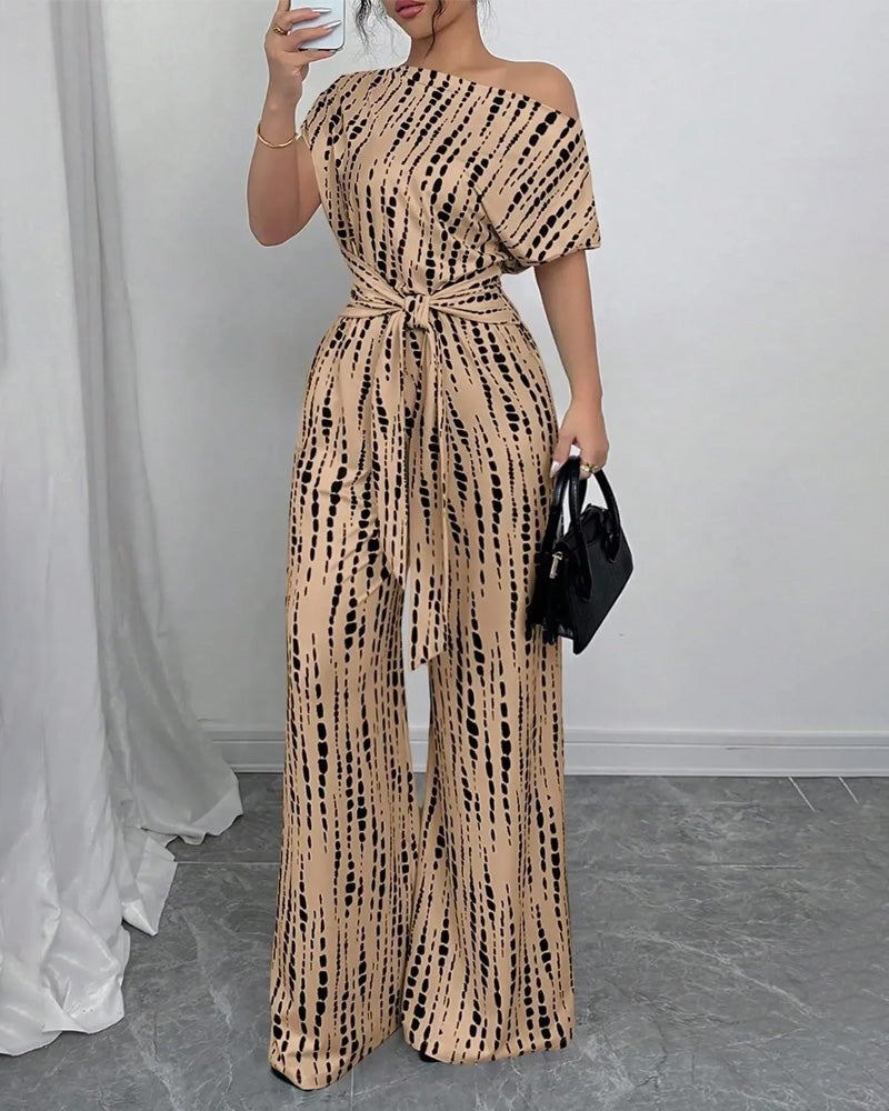 One-Shoulder Tie Wide Leg Jumpsuit
