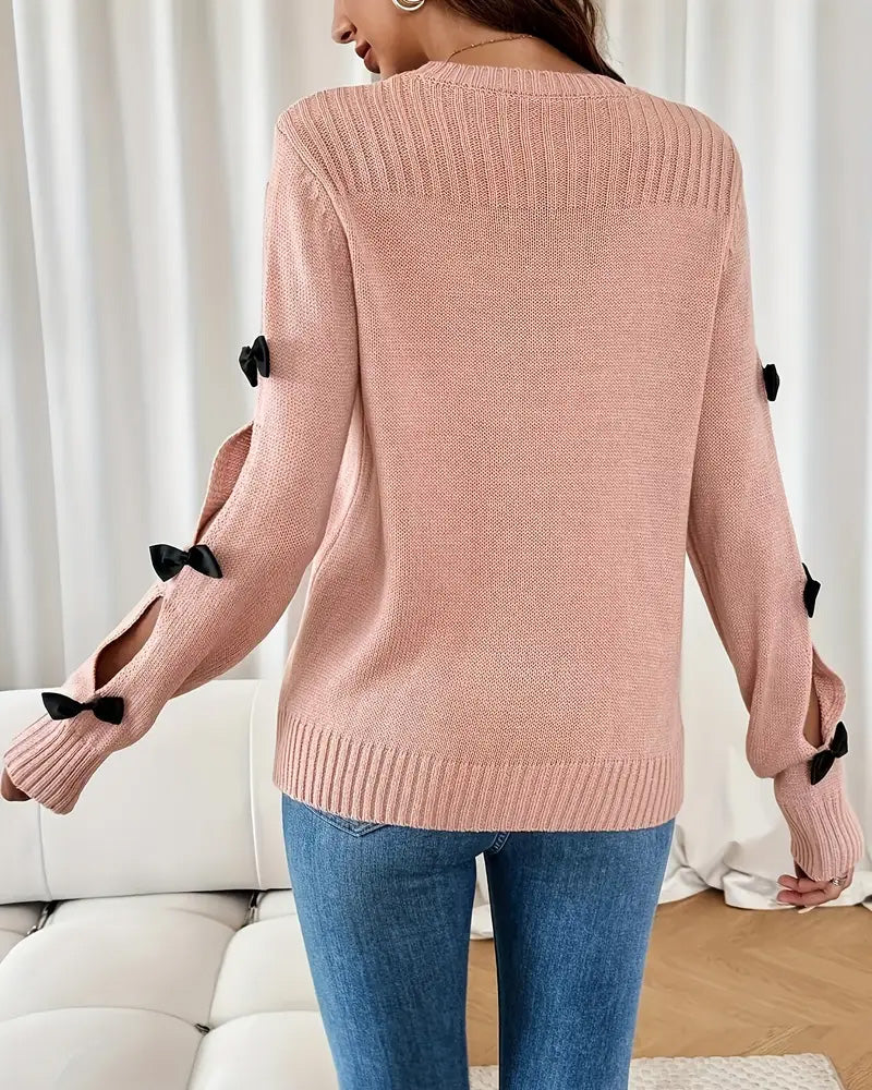 Bow-tie long-sleeved round neck pullover