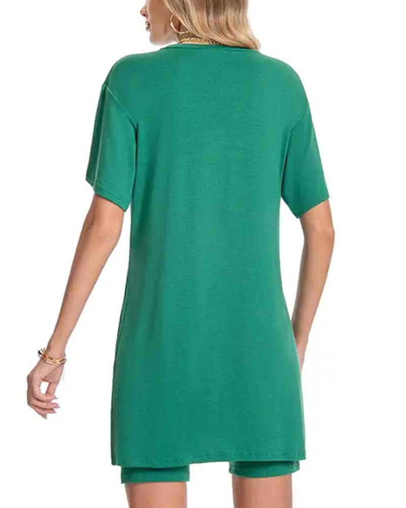 V-Neck Side Split Short Sleeve Set