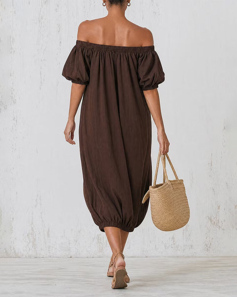Off-Shoulder Bubble Sleeve Pocket Dress