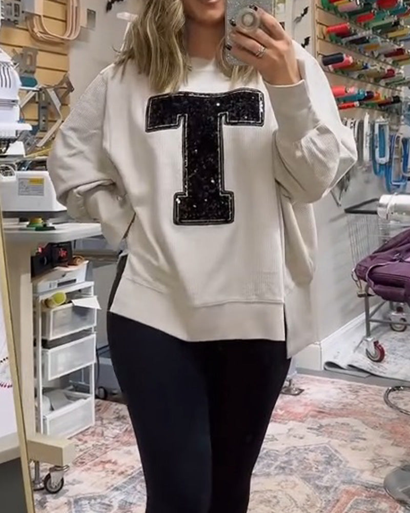 T-Design Sequin Embroidered Crew Neck Sweatshirt