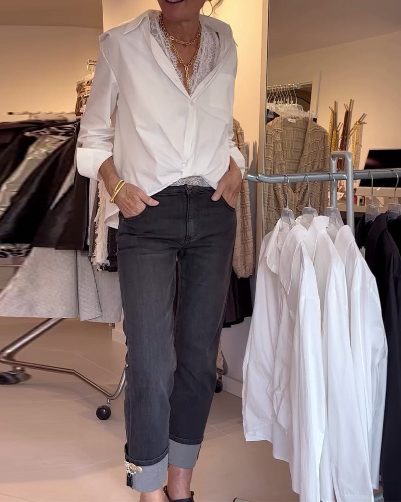 Lapel Solid Long-Sleeved Shirt And Lace Inner Set