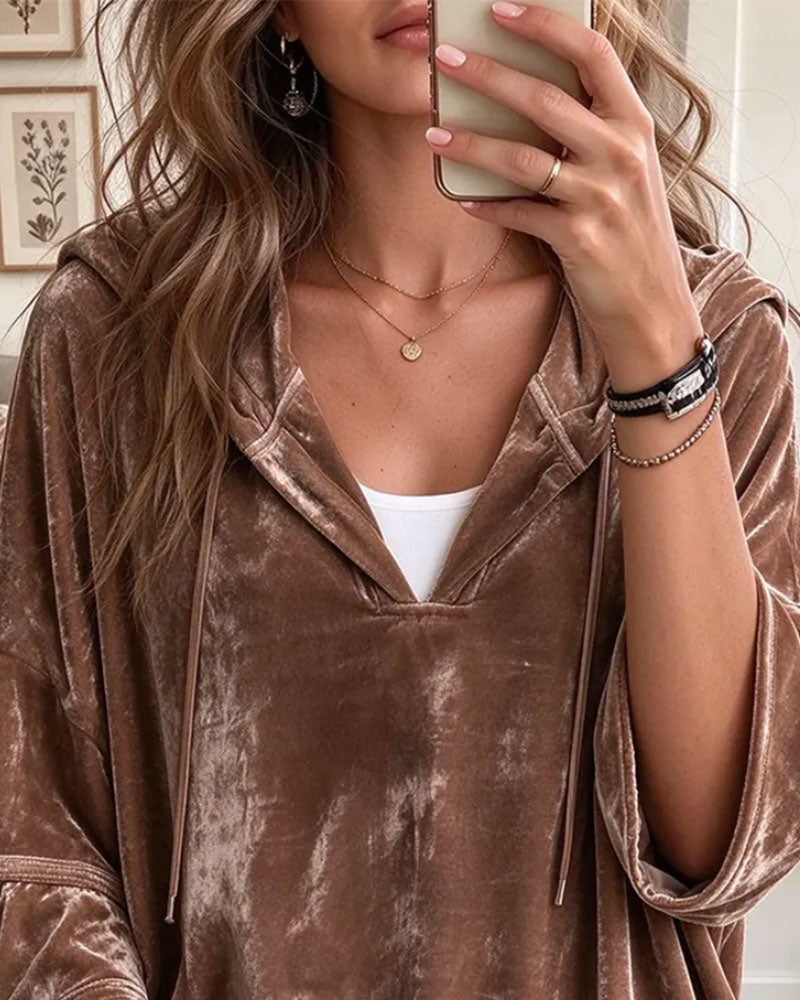 Velvet V-Neck Bell Sleeve Hooded Top