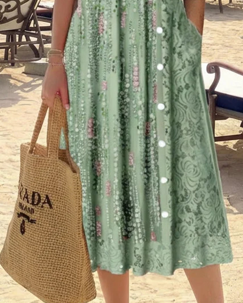Square-Neck Printed Front-Button Dress
