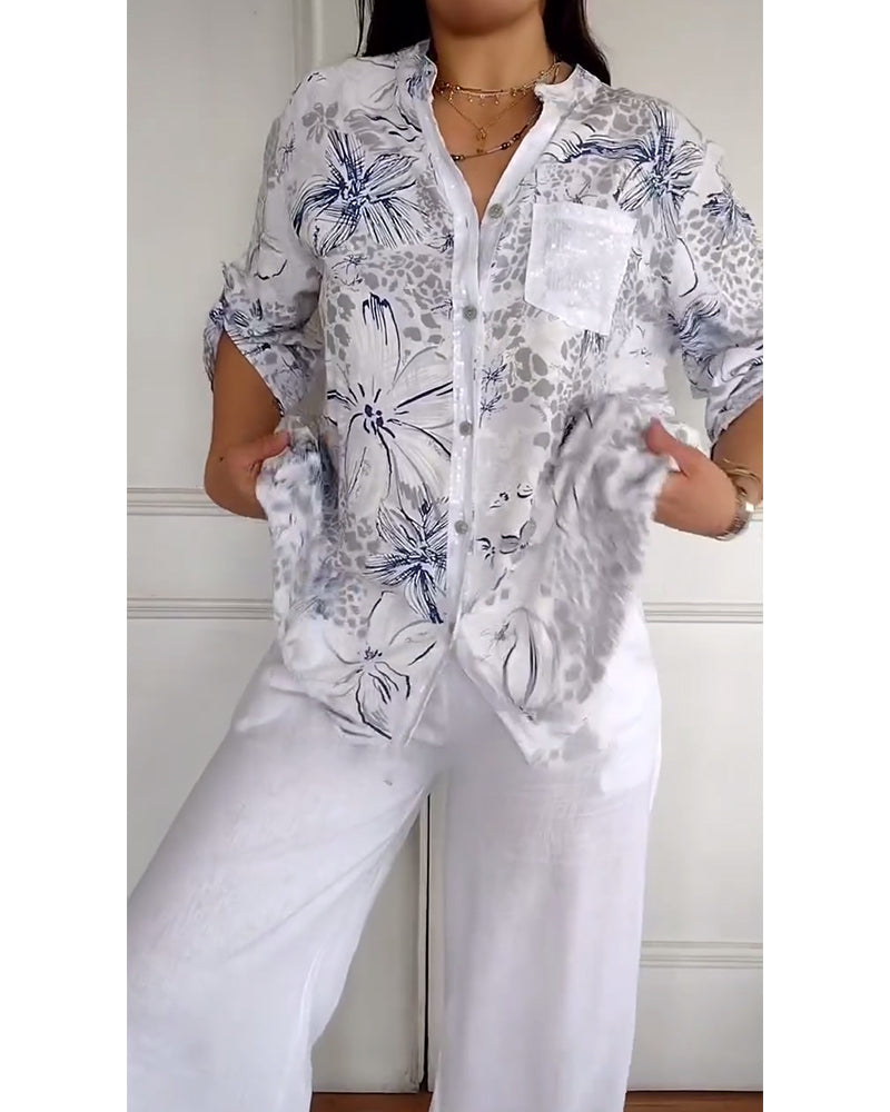 Stand Collar Printed Pocket Shirt