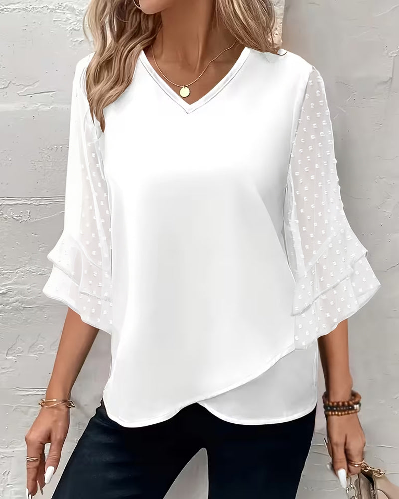 V-Neck Ruffled Sleeve 3D Floral Blouse