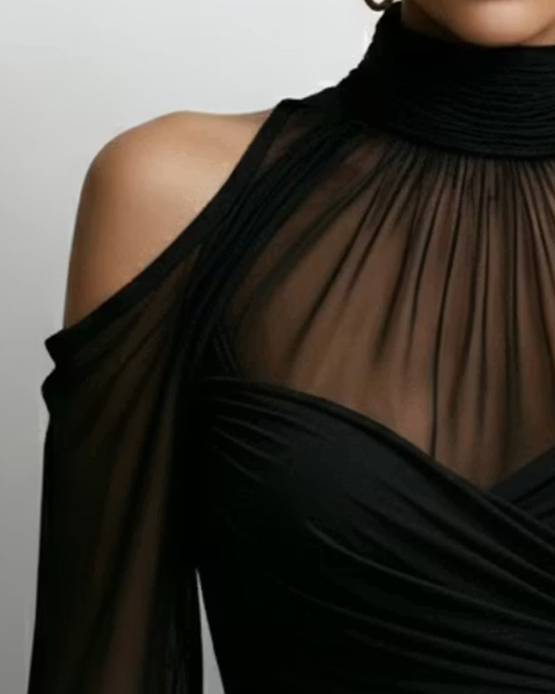High Neck Cold Shoulder Cross Shirred Top