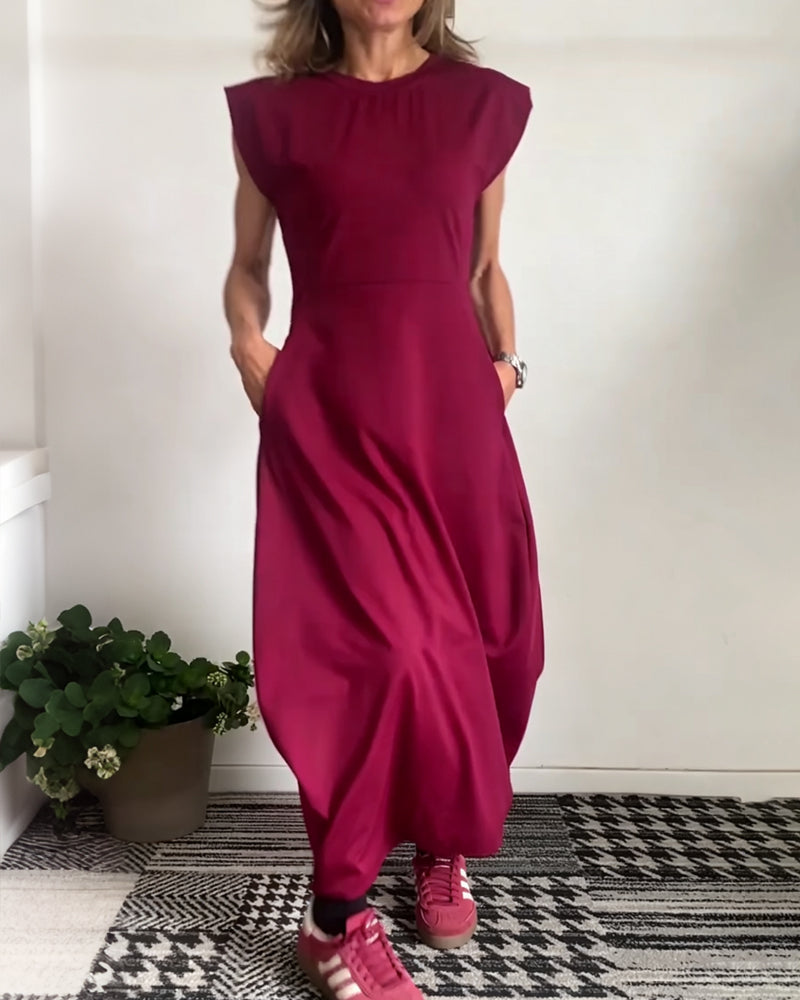 Crew Neck Pocket Solid Dress