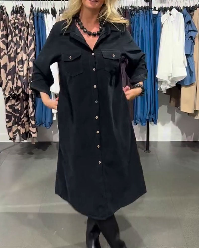 Lapel Pocket-Breasted Long Shirt Dress