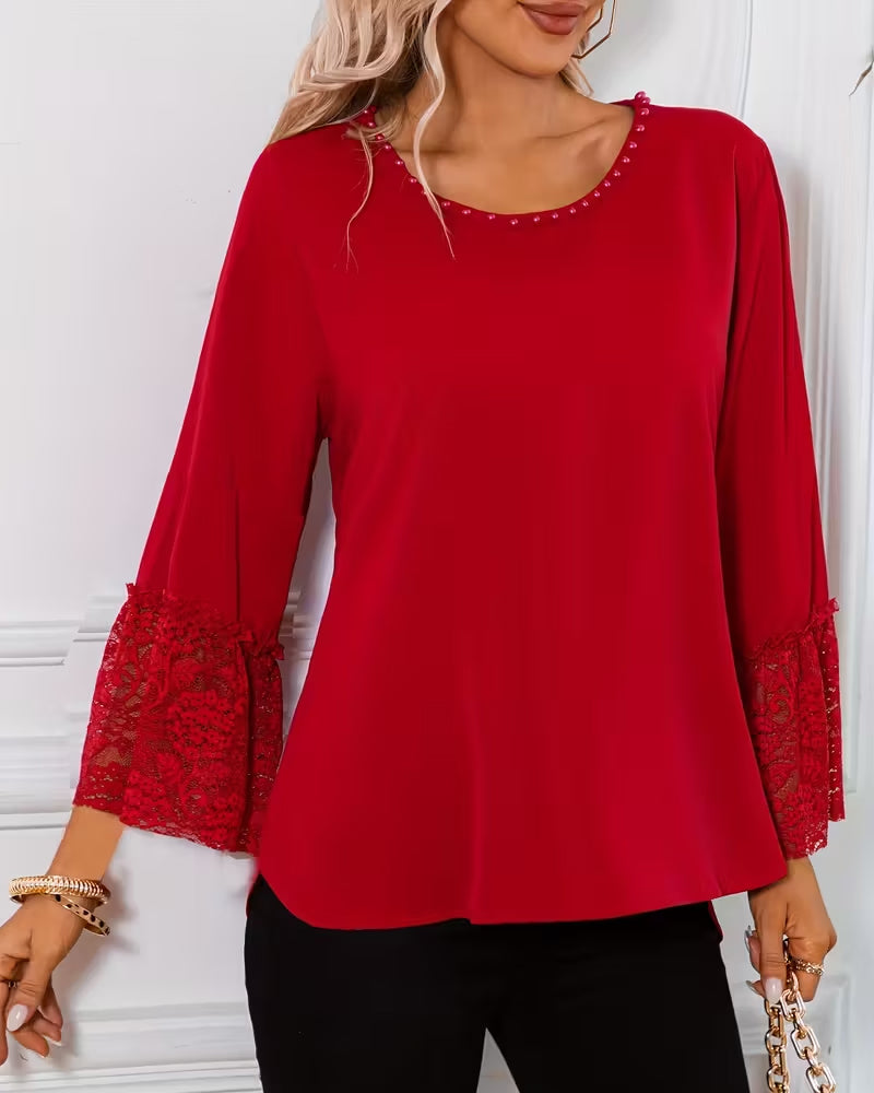 Lace Bell Sleeve Crew Neck Blouse