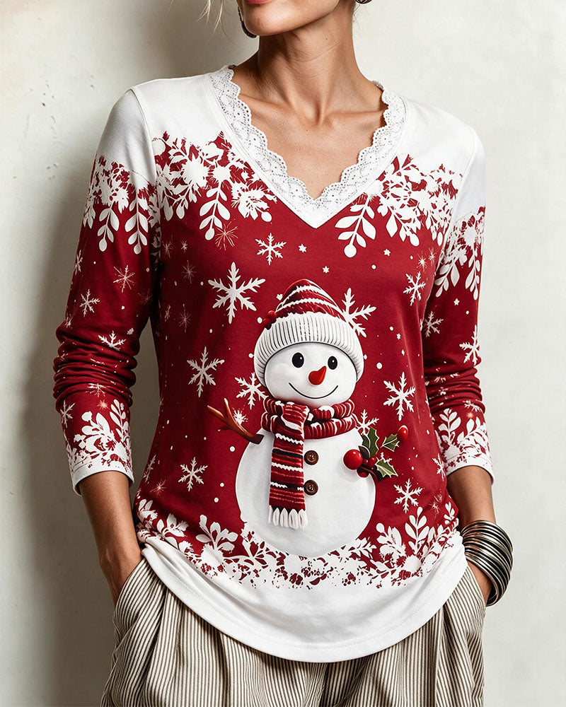 V-Neck Lace Trim Christmas Style Top