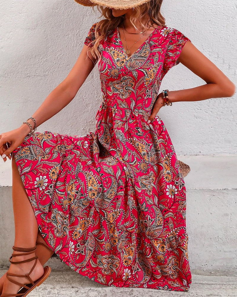 Short-sleeved floral V-neck dress