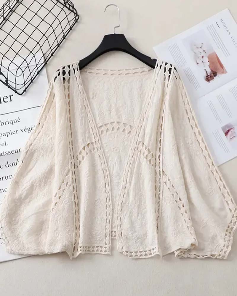 Solid Color Long Sleeve Hollow Out Cover Up