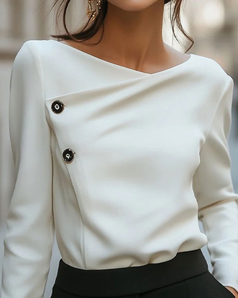 Crewneck Cross Button Long Sleeve Top
