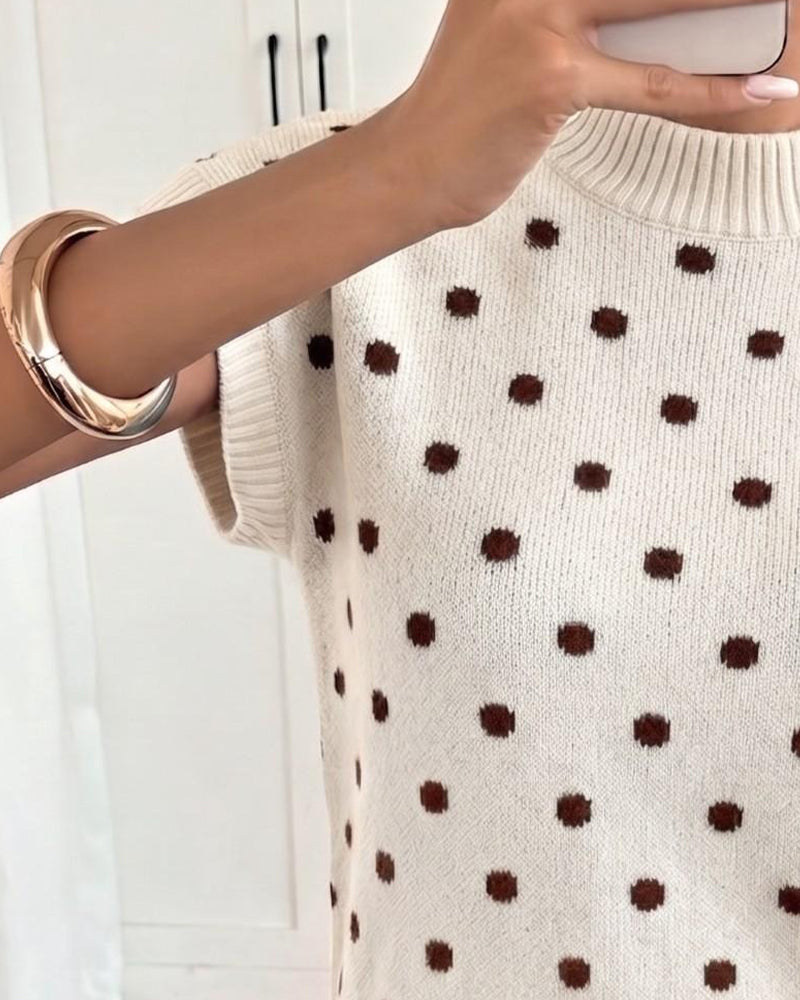 Turtleneck Polka Dot Short Sleeve Pullover
