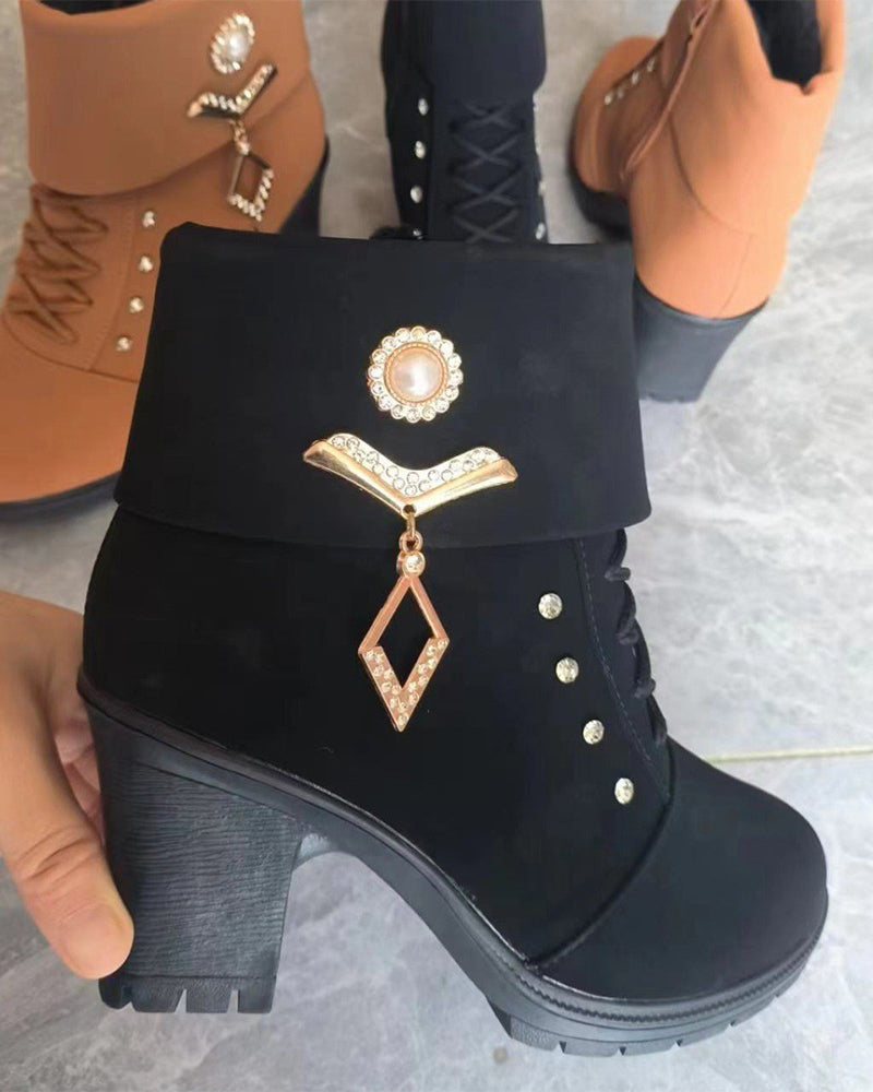 Women's Chunky Heeled Ankle Boots with Rhinestone Decor