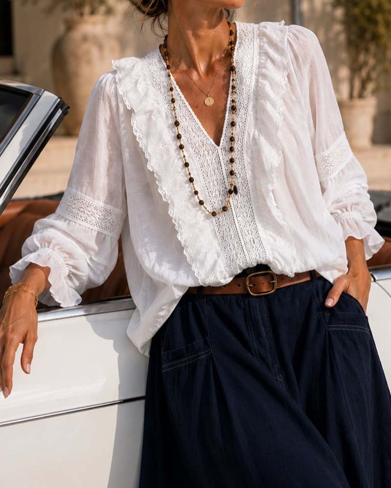V-Neck Solid Color Lace Blouse