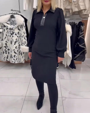 Lapel Collar Puff-Sleeve Half-Zip Dress