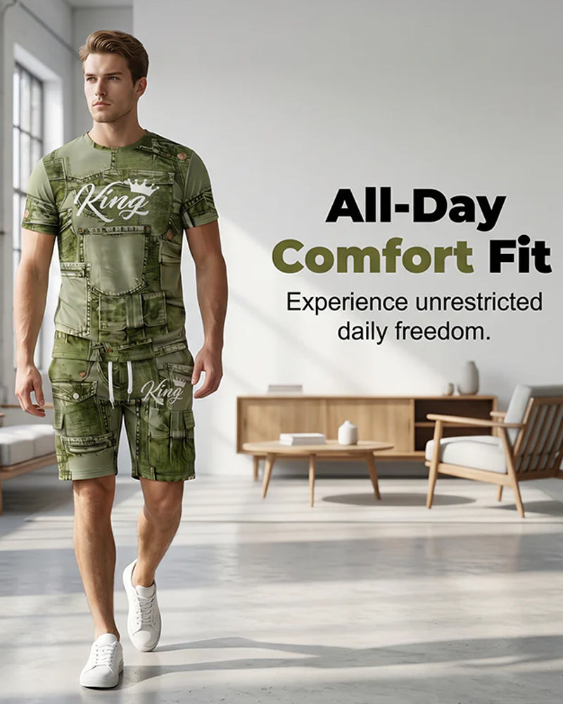 Men's Round Neck Monogram T-Shirt Drawstring Shorts Set