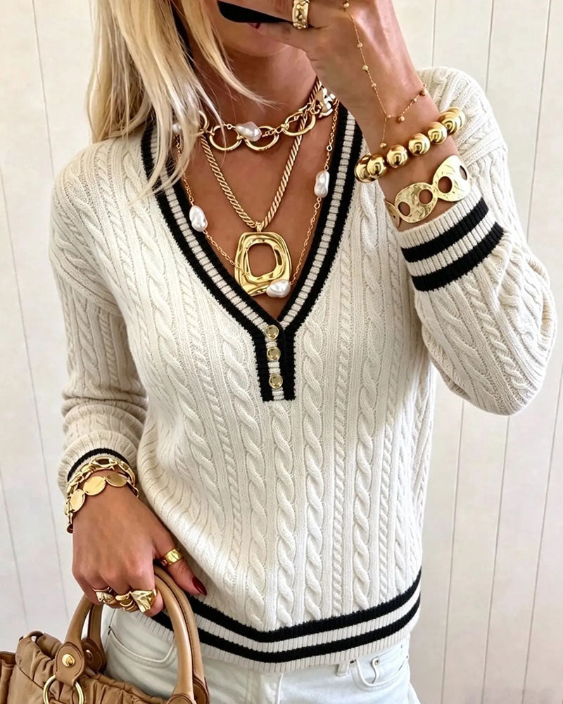 Contrast Trim V-Neck Sweater Pullover