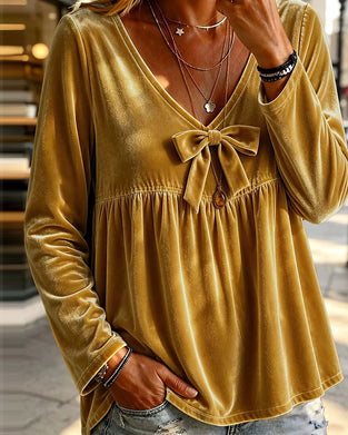 V-Neck Bow Long Sleeve Top