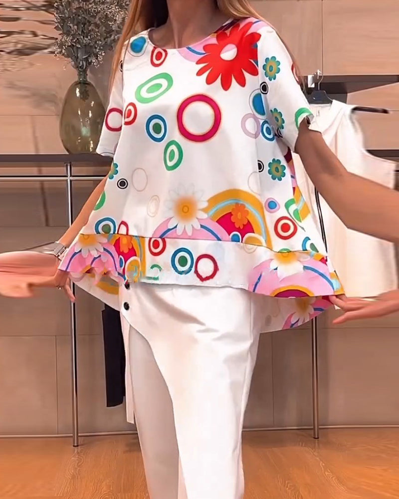 Printed round neck short sleeve casual top