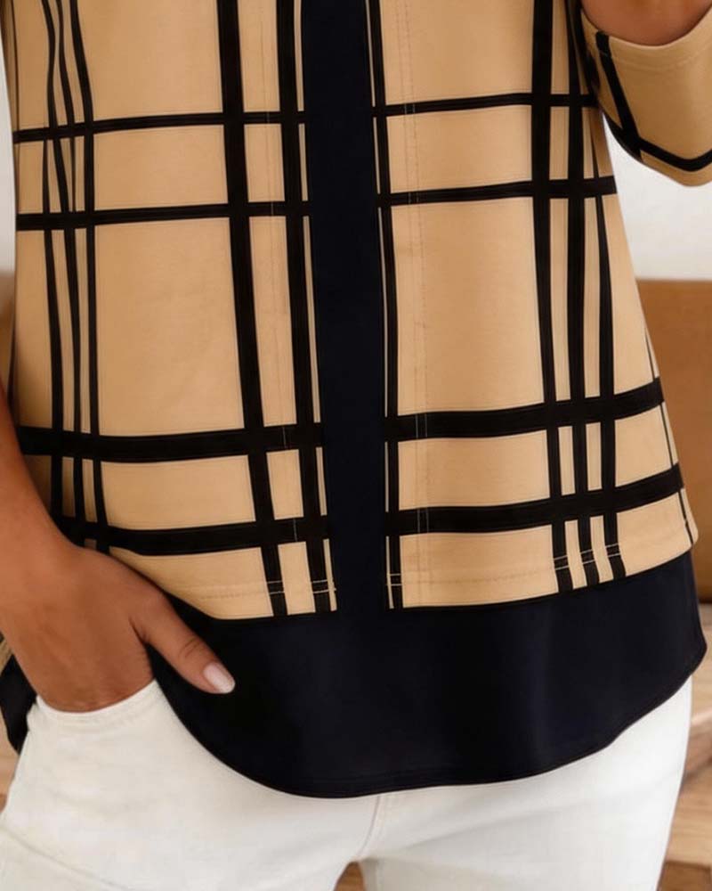 Plaid Mock Two-Piece Casual Blouse