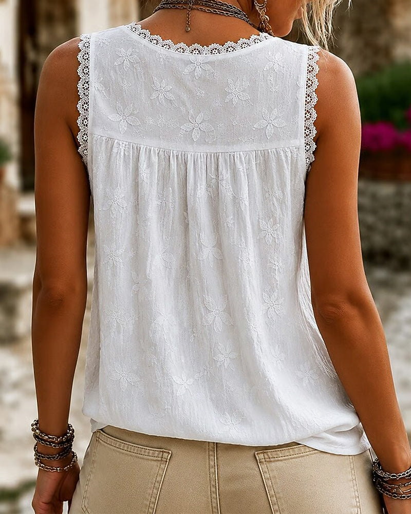 V-Neck Solid Color Lace Tank Top