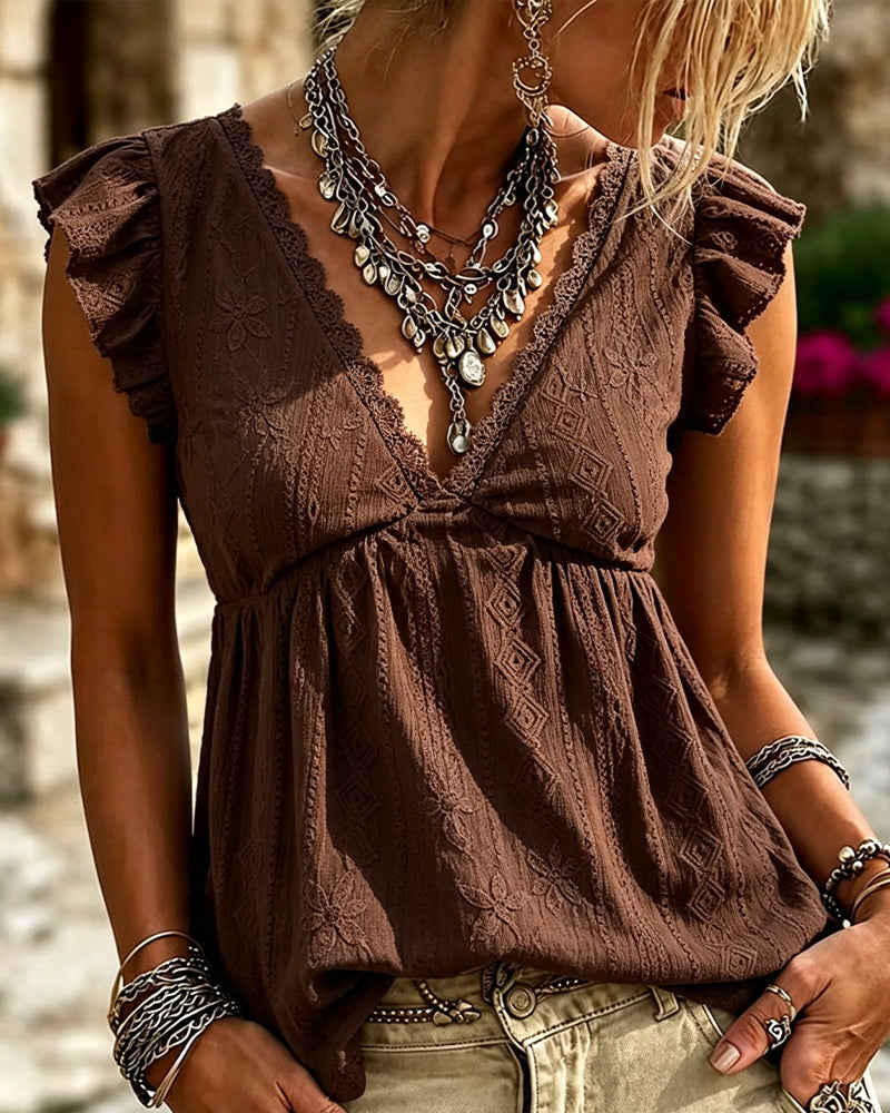 V-Neck Flutter Sleeve Lace-Trim Blouse