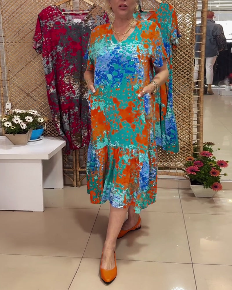 V-Neck Gradient Multi-Color Print Dress