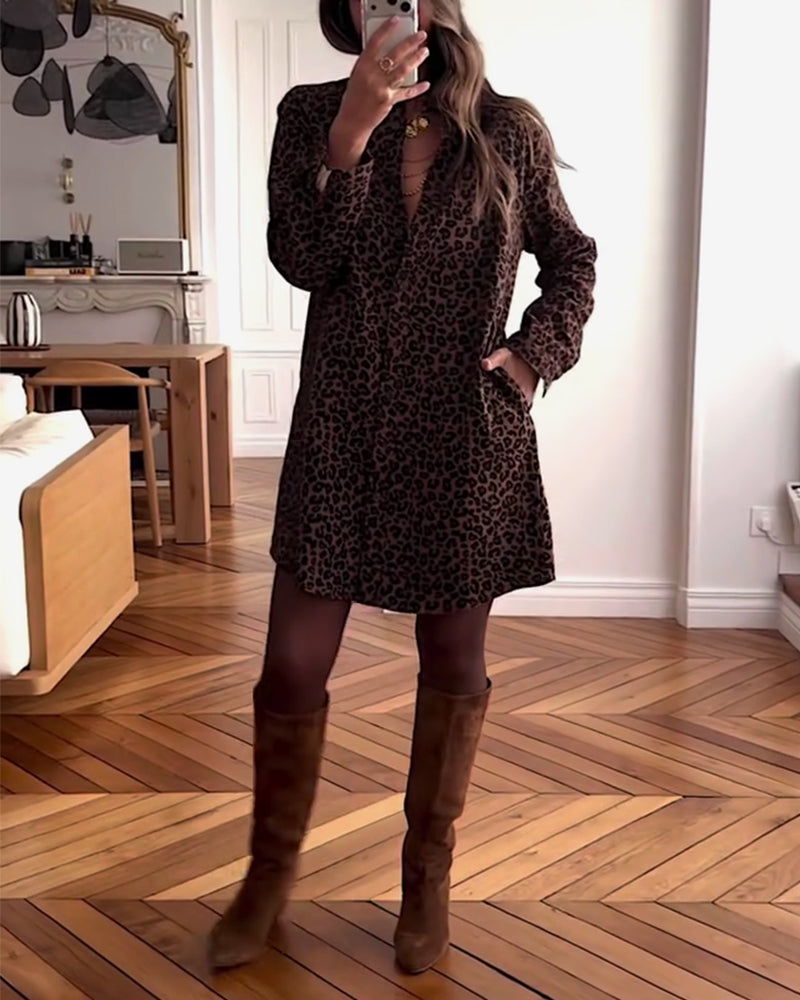 Long-Sleeved Leopard Print Shirt Dress