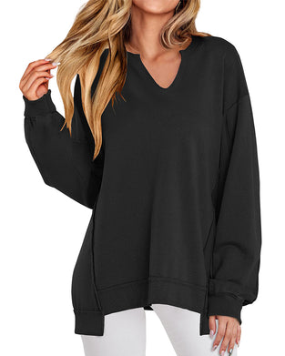 V-Neck Solid Color Loose Sweatshirt