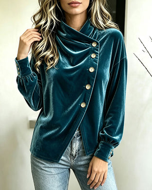 Turtleneck Slit Cross Button Blouse