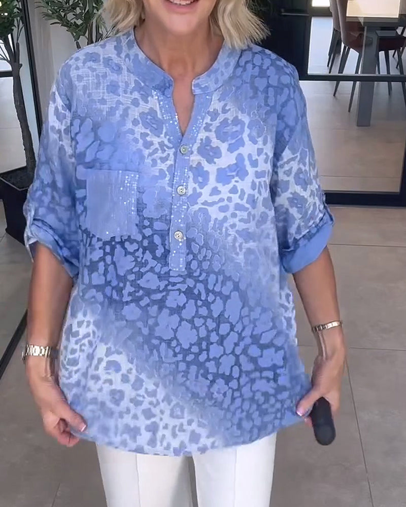 Ombre Leopard Pattern Henley Neck Blouse