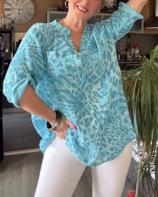 Printed V-neck pocket button three-quarter sleeves blouse